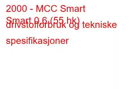 2000 - MCC Smart
Smart 0,6 (55 hk) drivstofforbruk og tekniske spesifikasjoner