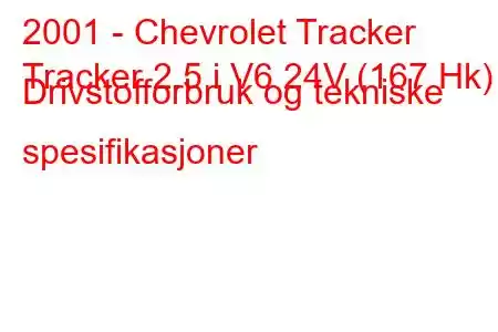 2001 - Chevrolet Tracker
Tracker 2.5 i V6 24V (167 Hk) Drivstofforbruk og tekniske spesifikasjoner