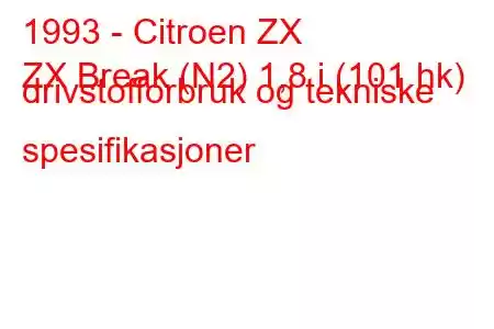 1993 - Citroen ZX
ZX Break (N2) 1,8 i (101 hk) drivstofforbruk og tekniske spesifikasjoner