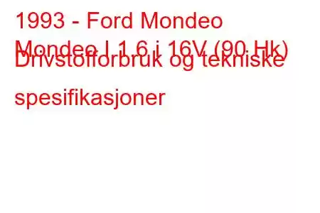 1993 - Ford Mondeo
Mondeo I 1.6 i 16V (90 Hk) Drivstofforbruk og tekniske spesifikasjoner