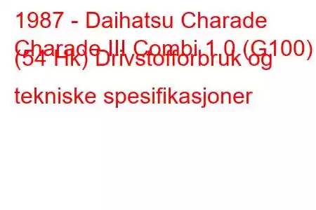 1987 - Daihatsu Charade
Charade III Combi 1.0 (G100) (54 Hk) Drivstofforbruk og tekniske spesifikasjoner