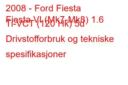 2008 - Ford Fiesta
Fiesta VI (Mk7-Mk8) 1.6 Ti-VCT (120 Hk) 5d Drivstofforbruk og tekniske spesifikasjoner