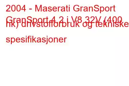 2004 - Maserati GranSport
GranSport 4.2 i V8 32V (400 hk) drivstofforbruk og tekniske spesifikasjoner