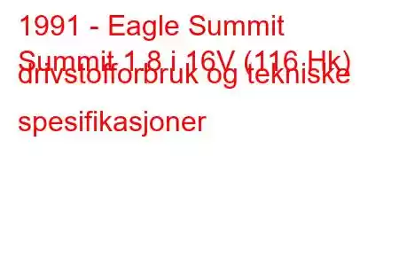 1991 - Eagle Summit
Summit 1.8 i 16V (116 Hk) drivstofforbruk og tekniske spesifikasjoner