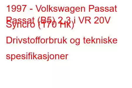 1997 - Volkswagen Passat
Passat (B5) 2.3 i VR 20V Syncro (170 Hk) Drivstofforbruk og tekniske spesifikasjoner