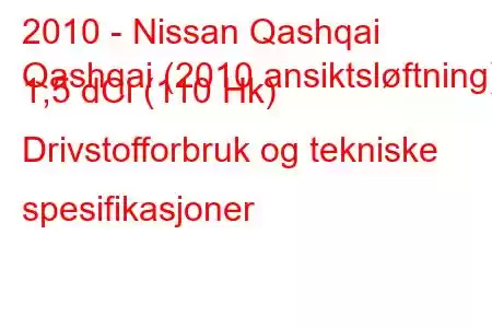 2010 - Nissan Qashqai
Qashqai (2010 ansiktsløftning) 1,5 dCi (110 Hk) Drivstofforbruk og tekniske spesifikasjoner