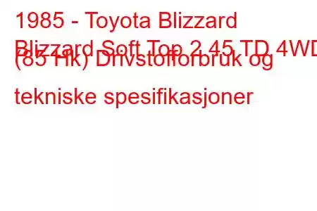 1985 - Toyota Blizzard
Blizzard Soft Top 2.45 TD 4WD (85 Hk) Drivstofforbruk og tekniske spesifikasjoner