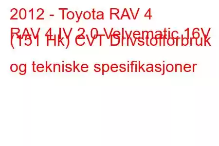 2012 - Toyota RAV 4
RAV 4 IV 2.0 Velvematic 16V (151 Hk) CVT Drivstofforbruk og tekniske spesifikasjoner