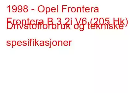 1998 - Opel Frontera
Frontera B 3.2i V6 (205 Hk) Drivstofforbruk og tekniske spesifikasjoner