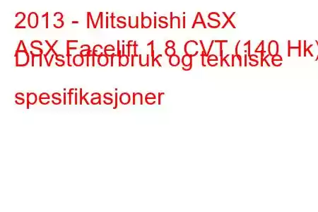 2013 - Mitsubishi ASX
ASX Facelift 1.8 CVT (140 Hk) Drivstofforbruk og tekniske spesifikasjoner