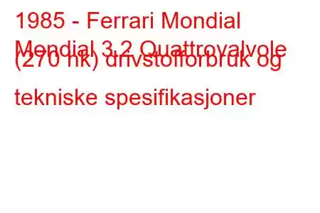 1985 - Ferrari Mondial
Mondial 3.2 Quattrovalvole (270 hk) drivstofforbruk og tekniske spesifikasjoner