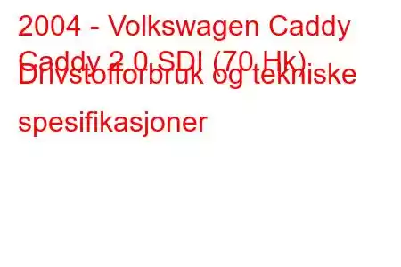 2004 - Volkswagen Caddy
Caddy 2.0 SDI (70 Hk) Drivstofforbruk og tekniske spesifikasjoner