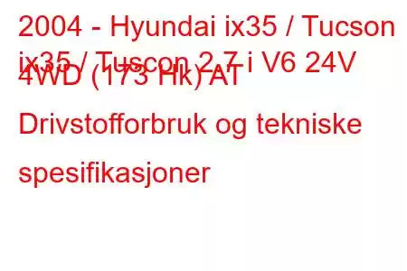 2004 - Hyundai ix35 / Tucson
ix35 / Tuscon 2.7 i V6 24V 4WD (173 Hk) AT Drivstofforbruk og tekniske spesifikasjoner