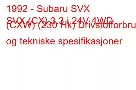 1992 - Subaru SVX
SVX (CX) 3.3 i 24V 4WD (CXW) (230 Hk) Drivstofforbruk og tekniske spesifikasjoner