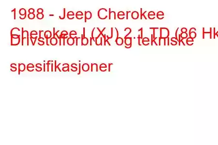 1988 - Jeep Cherokee
Cherokee I (XJ) 2.1 TD (86 Hk) Drivstofforbruk og tekniske spesifikasjoner