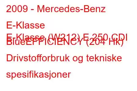 2009 - Mercedes-Benz E-Klasse
E-Klasse (W212) E 250 CDI BlueEFFICIENCY (204 Hk) Drivstofforbruk og tekniske spesifikasjoner