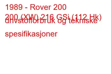 1989 - Rover 200
200 (XW) 216 GSi (112 Hk) drivstofforbruk og tekniske spesifikasjoner