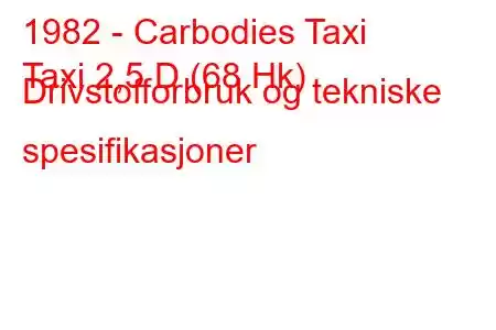 1982 - Carbodies Taxi
Taxi 2,5 D (68 Hk) Drivstofforbruk og tekniske spesifikasjoner