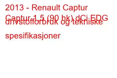 2013 - Renault Captur
Captur 1,5 (90 hk) dCi EDG drivstofforbruk og tekniske spesifikasjoner