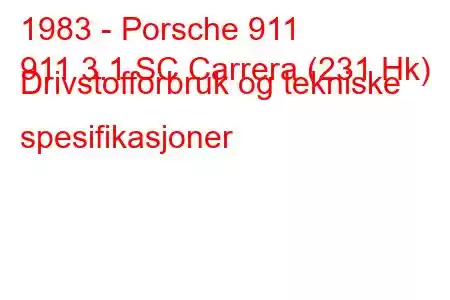 1983 - Porsche 911
911 3.1 SC Carrera (231 Hk) Drivstofforbruk og tekniske spesifikasjoner