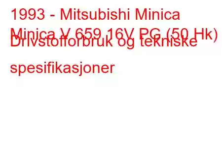 1993 - Mitsubishi Minica
Minica V 659 16V PG (50 Hk) Drivstofforbruk og tekniske spesifikasjoner