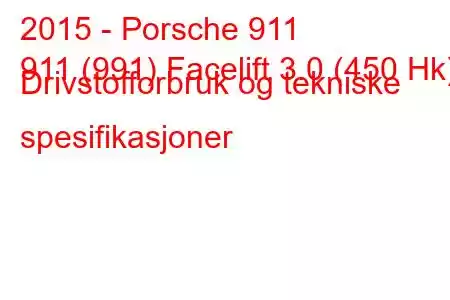 2015 - Porsche 911
911 (991) Facelift 3.0 (450 Hk) Drivstofforbruk og tekniske spesifikasjoner