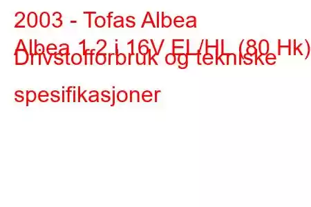 2003 - Tofas Albea
Albea 1.2 i 16V EL/HL (80 Hk) Drivstofforbruk og tekniske spesifikasjoner