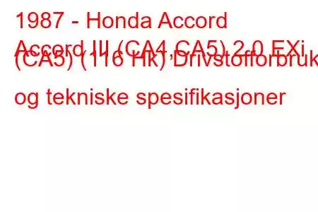 1987 - Honda Accord
Accord III (CA4,CA5) 2.0 EXi (CA5) (116 Hk) Drivstofforbruk og tekniske spesifikasjoner