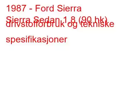 1987 - Ford Sierra
Sierra Sedan 1,8 (90 hk) drivstofforbruk og tekniske spesifikasjoner