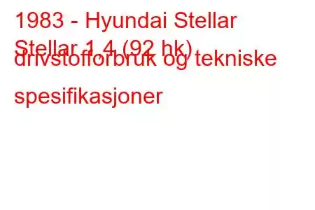 1983 - Hyundai Stellar
Stellar 1,4 (92 hk) drivstofforbruk og tekniske spesifikasjoner