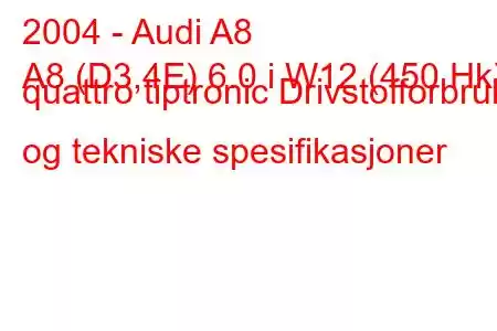 2004 - Audi A8
A8 (D3,4E) 6.0 i W12 (450 Hk) quattro tiptronic Drivstofforbruk og tekniske spesifikasjoner