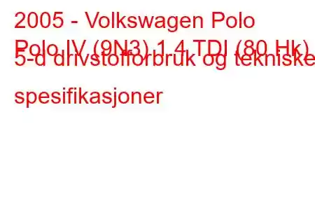 2005 - Volkswagen Polo
Polo IV (9N3) 1.4 TDI (80 Hk) 5-d drivstofforbruk og tekniske spesifikasjoner