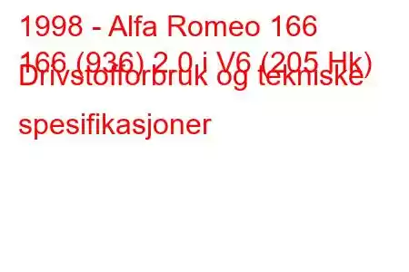 1998 - Alfa Romeo 166
166 (936) 2.0 i V6 (205 Hk) Drivstofforbruk og tekniske spesifikasjoner