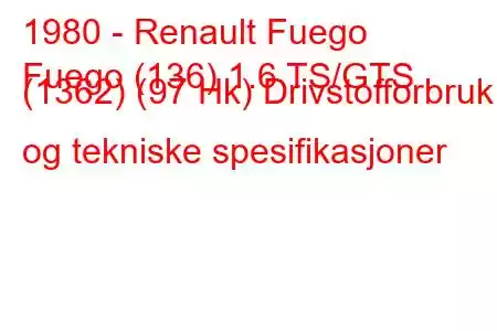 1980 - Renault Fuego
Fuego (136) 1.6 TS/GTS (1362) (97 Hk) Drivstofforbruk og tekniske spesifikasjoner