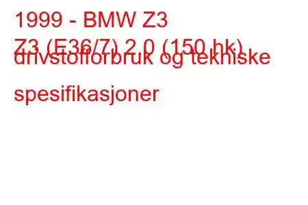 1999 - BMW Z3
Z3 (E36/7) 2.0 (150 hk) drivstofforbruk og tekniske spesifikasjoner