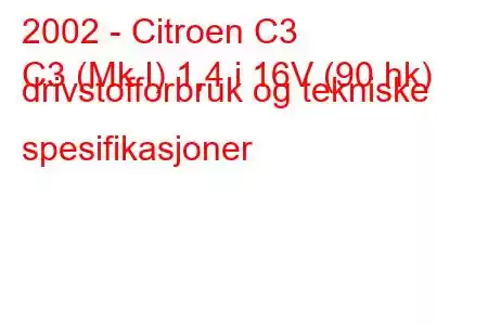 2002 - Citroen C3
C3 (Mk I) 1,4 i 16V (90 hk) drivstofforbruk og tekniske spesifikasjoner