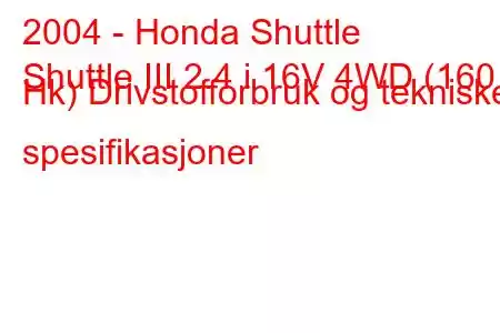 2004 - Honda Shuttle
Shuttle III 2.4 i 16V 4WD (160 Hk) Drivstofforbruk og tekniske spesifikasjoner