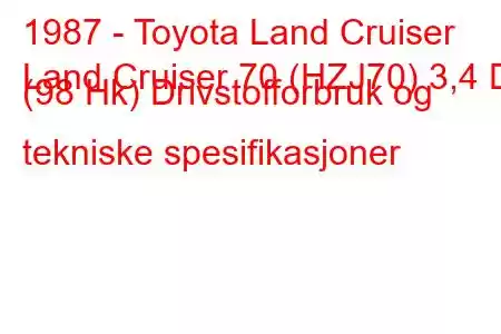 1987 - Toyota Land Cruiser
Land Cruiser 70 (HZJ70) 3,4 D (98 Hk) Drivstofforbruk og tekniske spesifikasjoner