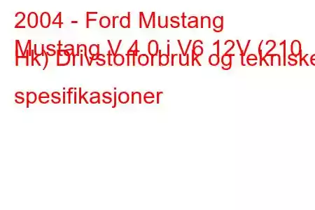 2004 - Ford Mustang
Mustang V 4.0 i V6 12V (210 Hk) Drivstofforbruk og tekniske spesifikasjoner