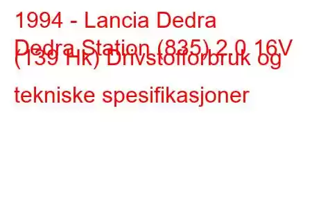 1994 - Lancia Dedra
Dedra Station (835) 2.0 16V (139 Hk) Drivstofforbruk og tekniske spesifikasjoner