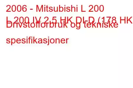 2006 - Mitsubishi L 200
L 200 IV 2,5 HK DI-D (178 HK) Drivstofforbruk og tekniske spesifikasjoner