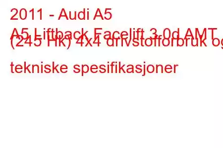 2011 - Audi A5
A5 Liftback Facelift 3.0d AMT (245 Hk) 4x4 drivstofforbruk og tekniske spesifikasjoner