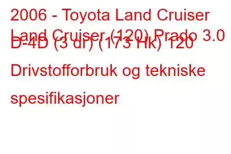 2006 - Toyota Land Cruiser
Land Cruiser (120) Prado 3.0 D-4D (3 dr) (173 Hk) 120 Drivstofforbruk og tekniske spesifikasjoner