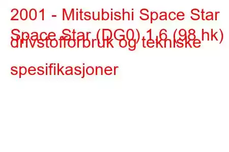 2001 - Mitsubishi Space Star
Space Star (DG0) 1,6 (98 hk) drivstofforbruk og tekniske spesifikasjoner