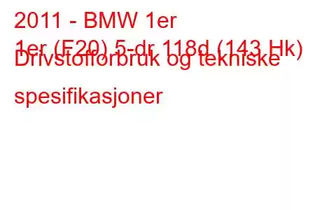 2011 - BMW 1er
1er (F20) 5-dr 118d (143 Hk) Drivstofforbruk og tekniske spesifikasjoner