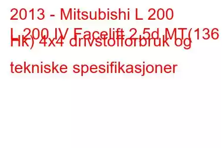 2013 - Mitsubishi L 200
L 200 IV Facelift 2,5d MT(136 Hk) 4x4 drivstofforbruk og tekniske spesifikasjoner