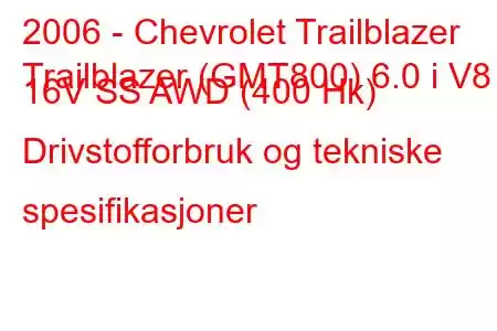 2006 - Chevrolet Trailblazer
Trailblazer (GMT800) 6.0 i V8 16V SS AWD (400 Hk) Drivstofforbruk og tekniske spesifikasjoner