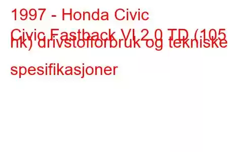 1997 - Honda Civic
Civic Fastback VI 2.0 TD (105 hk) drivstofforbruk og tekniske spesifikasjoner