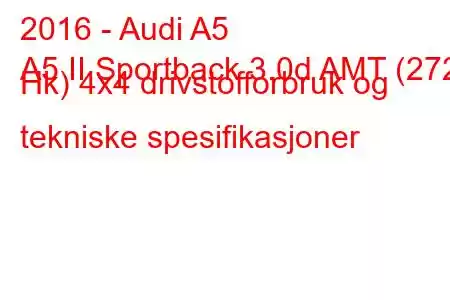 2016 - Audi A5
A5 II Sportback 3.0d AMT (272 Hk) 4x4 drivstofforbruk og tekniske spesifikasjoner