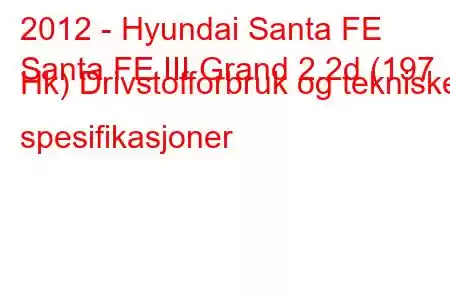 2012 - Hyundai Santa FE
Santa FE III Grand 2.2d (197 Hk) Drivstofforbruk og tekniske spesifikasjoner